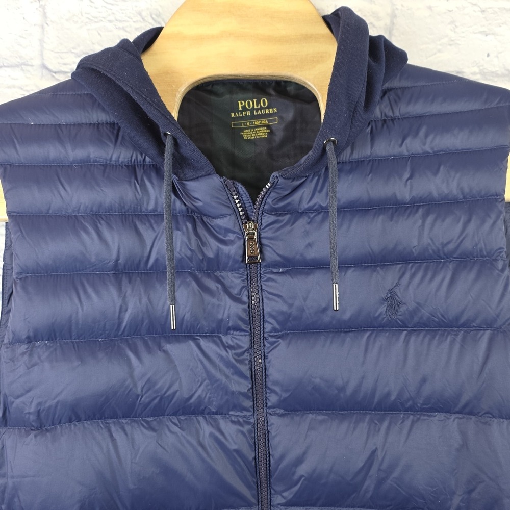 Polo Ralph Lauren Men Navy Blue Performance Hooded Vest Puffer Full Zip Sz Large
